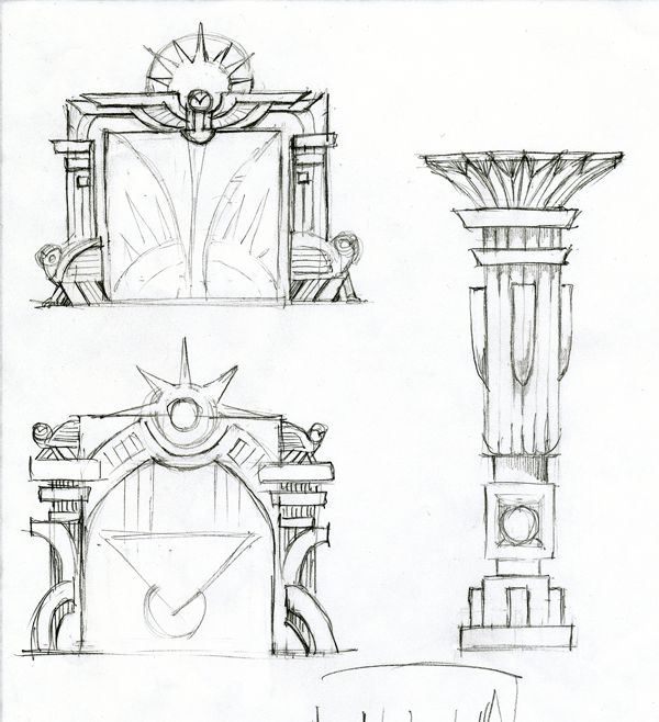 three drawings of different architectural styles and designs, each with a sun above the door