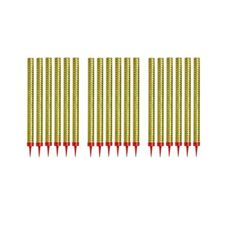 six gold drills with red tips are lined up in a row on a white background