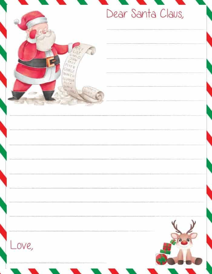 santa claus writing paper with reindeer and christmas tree in the background, on top of a white