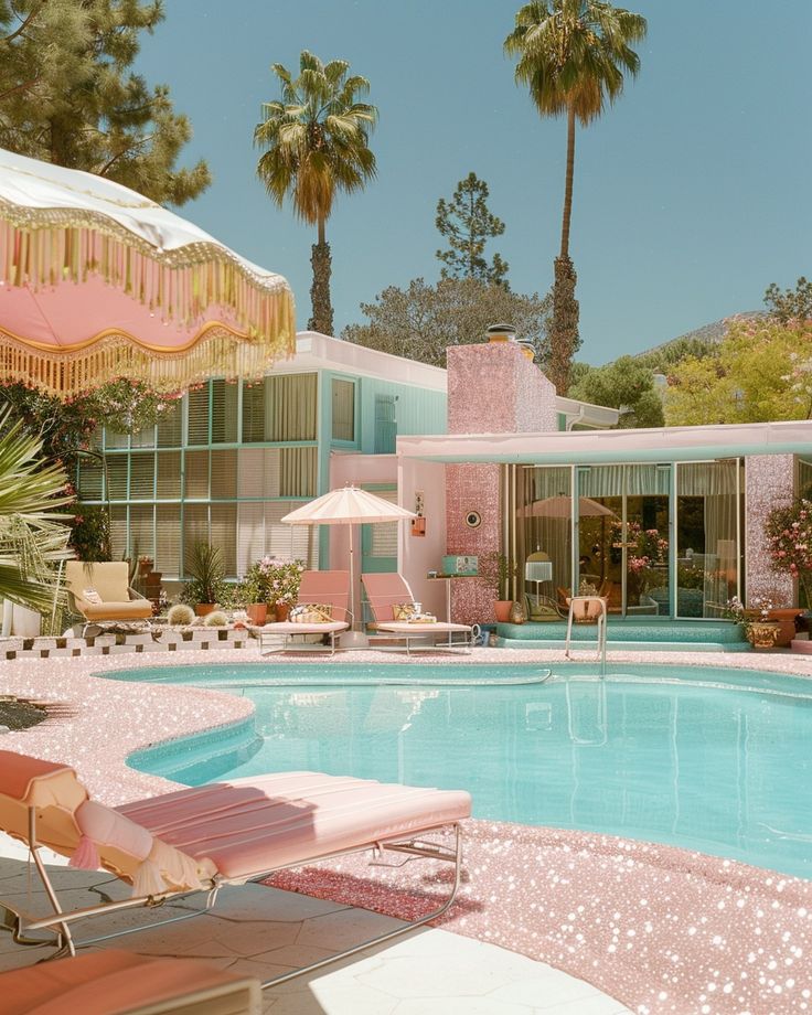 an outdoor pool area with lounge chairs, umbrellas and palm trees in the background