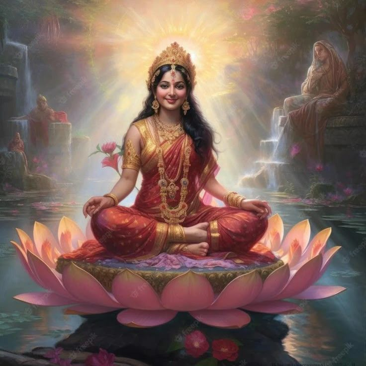 a woman sitting on top of a lotus in the middle of a body of water