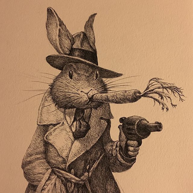 regram @heybilljoyce Sometimes you end up down a rabbit hole you just dont see coming. I found a photo of a rabbit eating a carrot (next image). Theres something sort of insolent in the way this rabbit chomps on the carrot. Suddenly I see Humphrey Bogart in a fedora and trench coat. I remember the casually determined way he shoots Major Strasser at the end of Casablanca I start to draw. Drawings like this are my worry beads. They are the thing I do when Im waiting. Like at a restaurant. This one William Joyce Illustrations, Im Waiting, William Joyce, Worry Beads, Rabbit Eating, Animal Illustration Art, Japon Illustration, Humphrey Bogart, Bunny Art