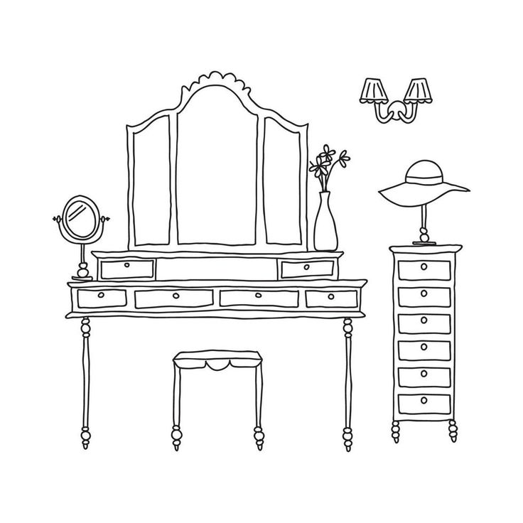 a black and white drawing of a dressing table