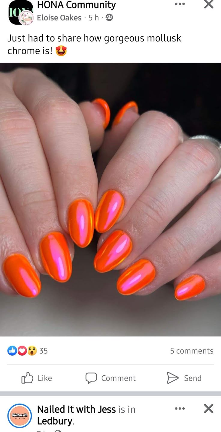 Neon Orange Nails With Chrome, Sherbert Orange Nails, Bright Orange Chrome Nails, Neon Sunset Nails, Classy Neon Nails, Red Orange Chrome Nails, Bright Chrome Summer Nails, Neon Orange Chrome Nails, Miami Vice Nails