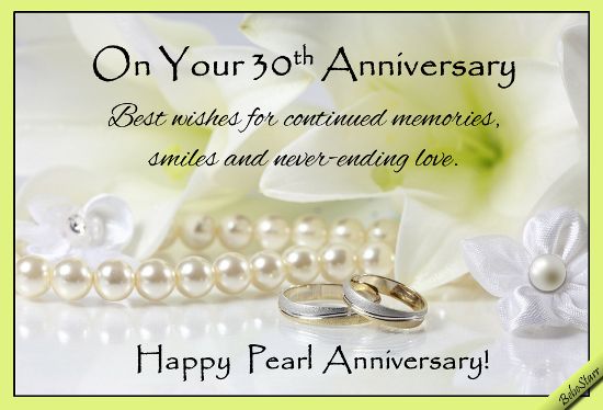 an anniversary card with two wedding rings and pearls