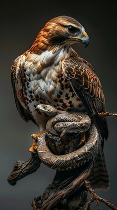 a bird sitting on top of a tree branch with a snake in its claws next to it