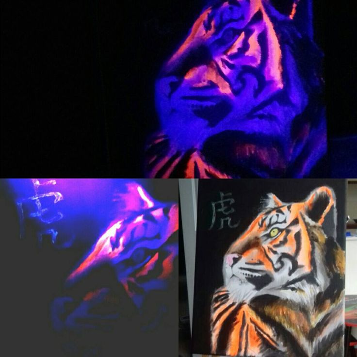 three different colored paintings are shown in front of a black background and one has a tiger on it's chest