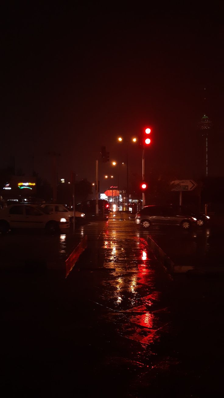 a city street at night with red traffic lights and rain on the ground in the foreground