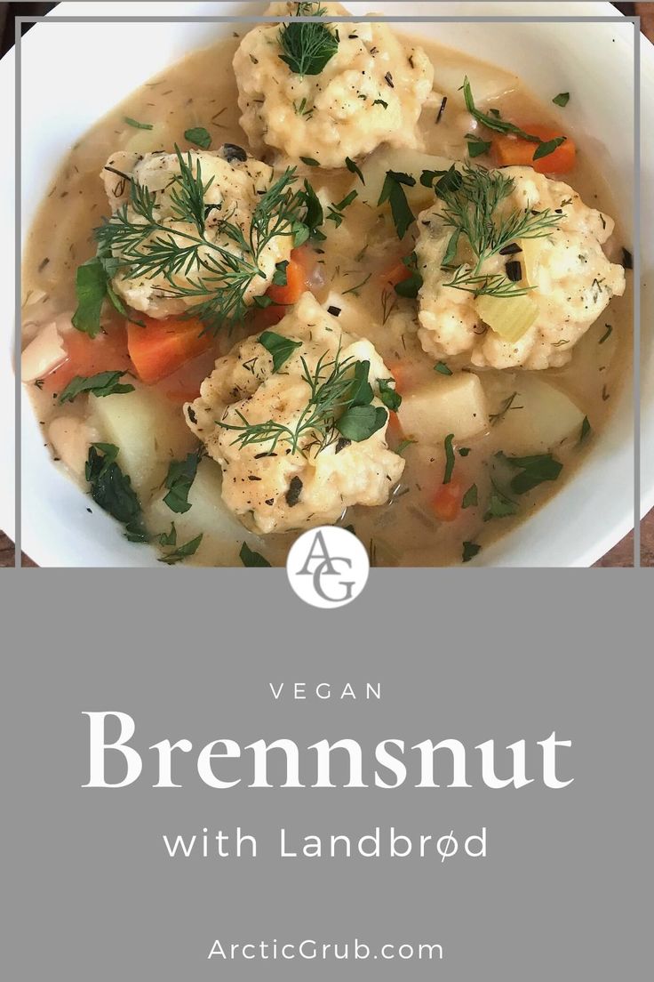 broccoli and cauliflower soup in a white bowl with the title vegan brensnut with landbrod