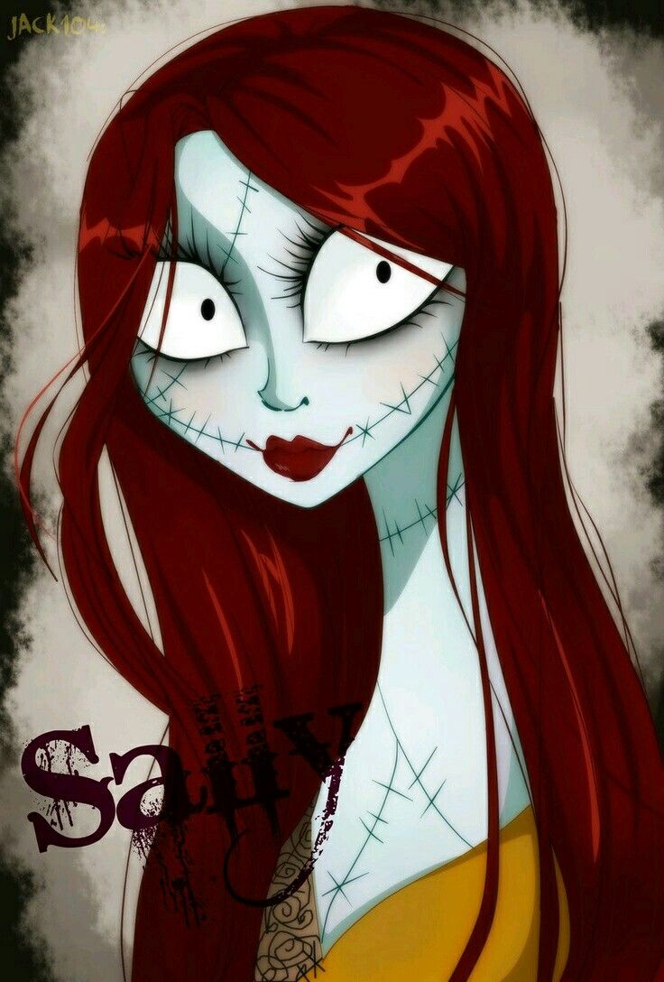 a drawing of a girl with long red hair and white makeup, wearing a skeleton mask