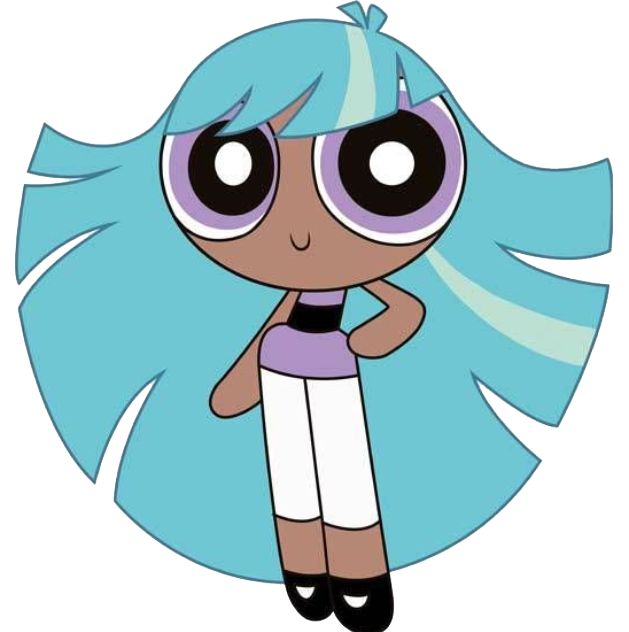 a cartoon character with blue hair and big eyes