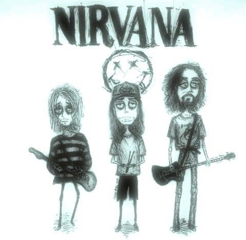 three people standing next to each other in front of a white background with the words nirvana on it