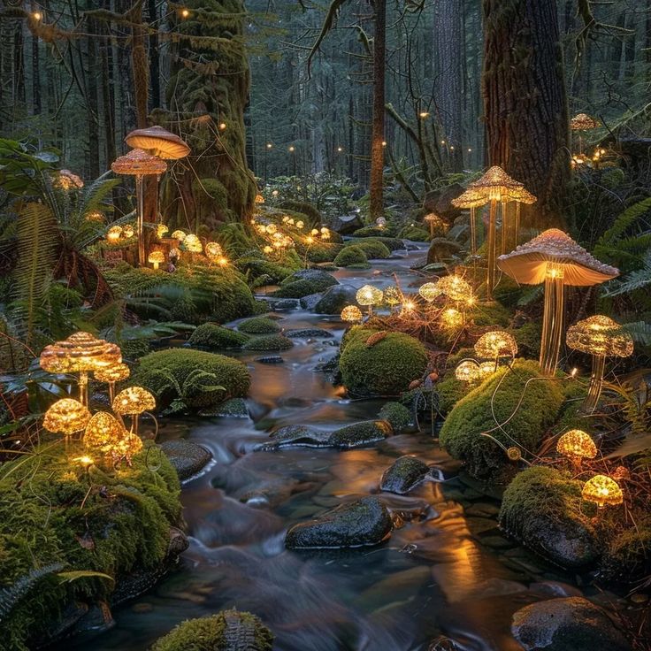 a stream running through a lush green forest filled with lots of lights and moss covered rocks