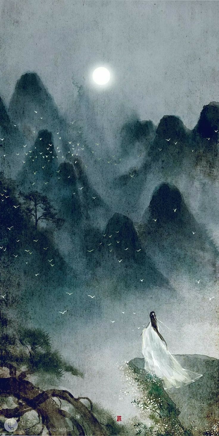 a painting of a woman standing on top of a hill in front of the moon