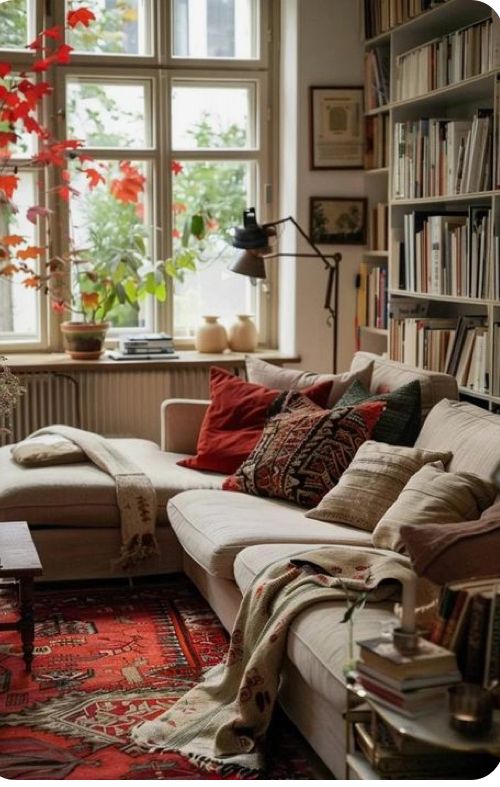 a living room filled with lots of furniture and bookshelves next to a window