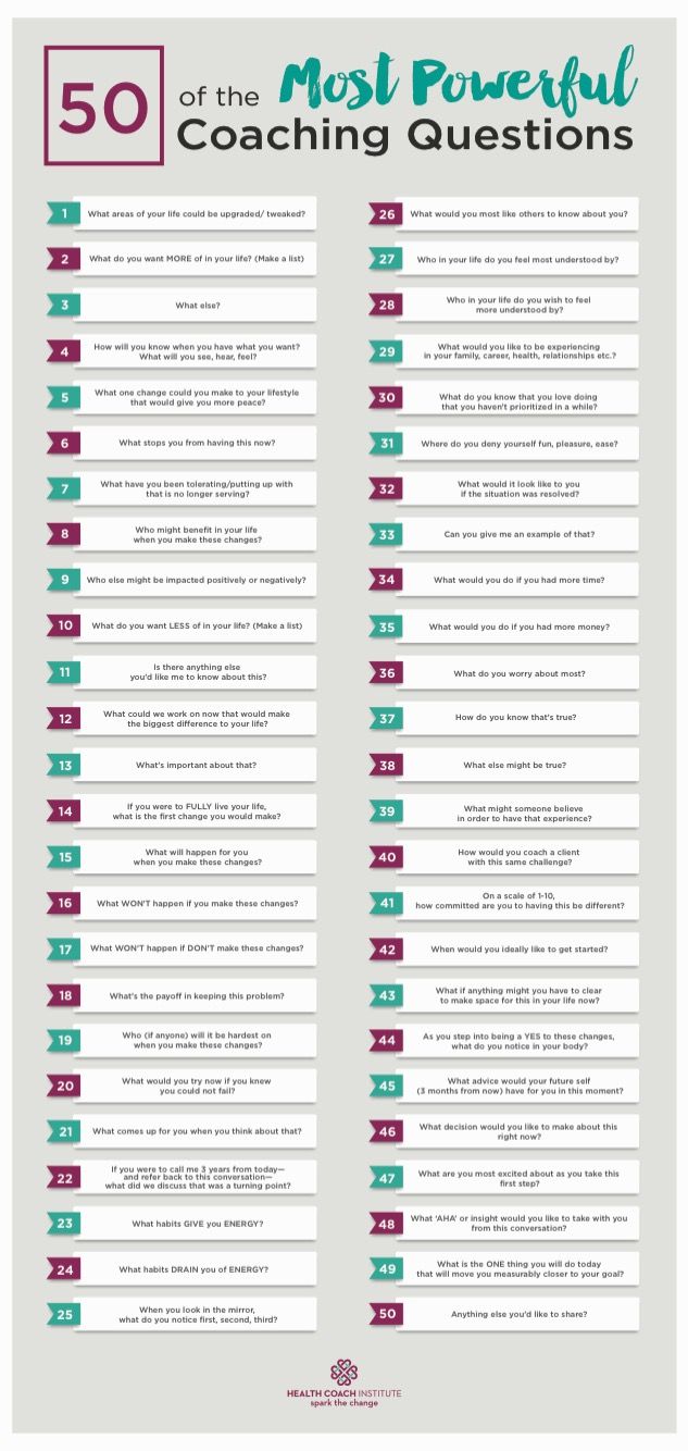 the 50 most powerful coaching questions infographicly displayed on a white background with green and red text