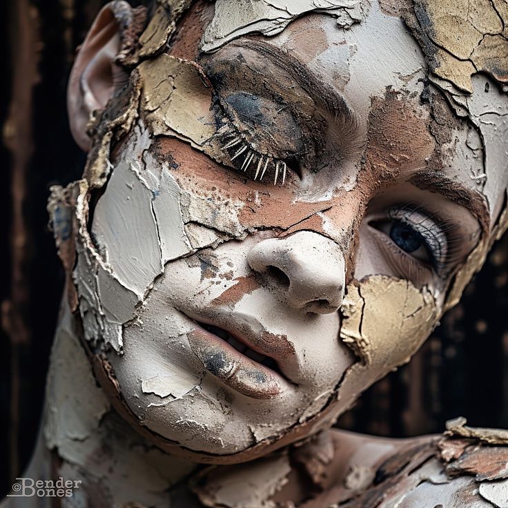 a woman with makeup on her face is covered in peeling paint and has eyelashes sticking out of her eyes