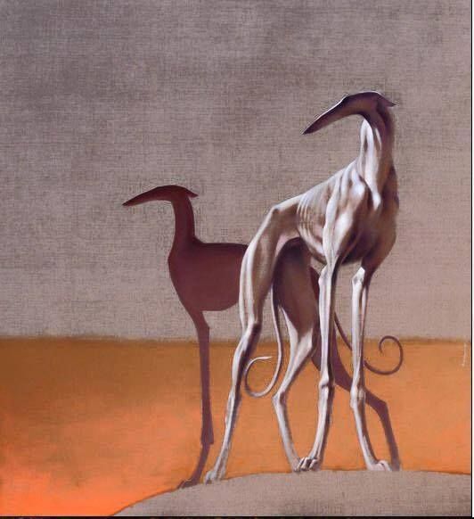 two giraffes standing next to each other in front of a brown background