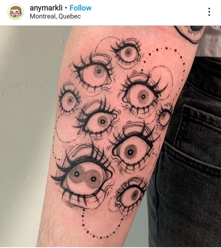 an eyeball tattoo on the arm with many different types of eyes and circles around it