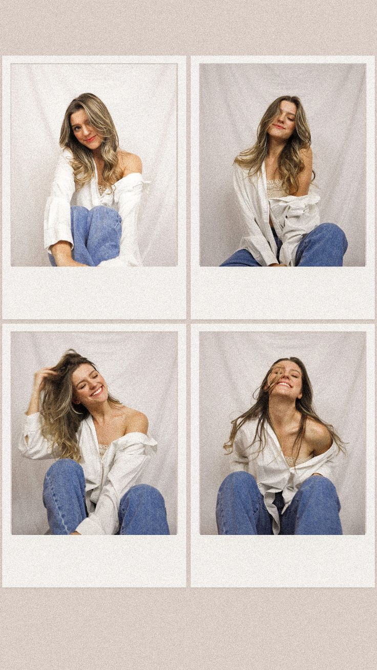 four photos of a woman sitting on the floor with her hair blowing in the wind