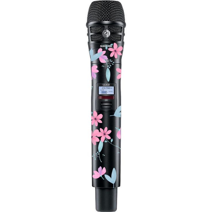 a black microphone with pink and blue flowers on it