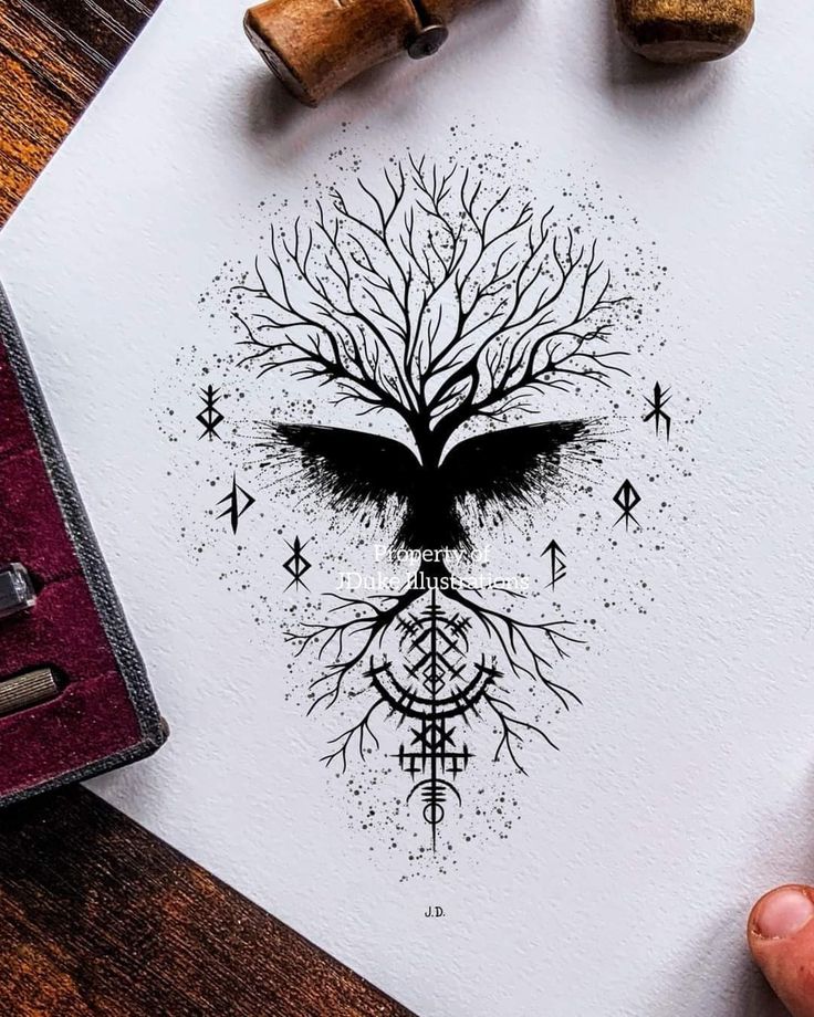 a drawing of a tree with branches and compasses on it, surrounded by other items