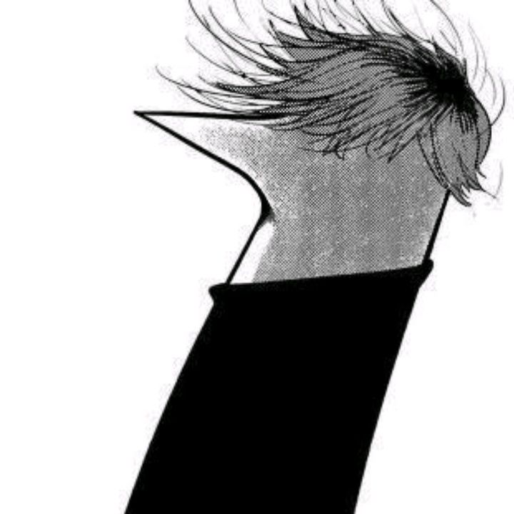 a black and white drawing of a man's head with hair blowing in the wind