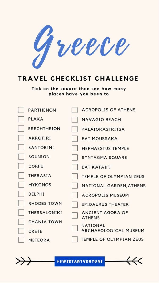 the greek travel checklist is shown in blue and white with an arrow on it