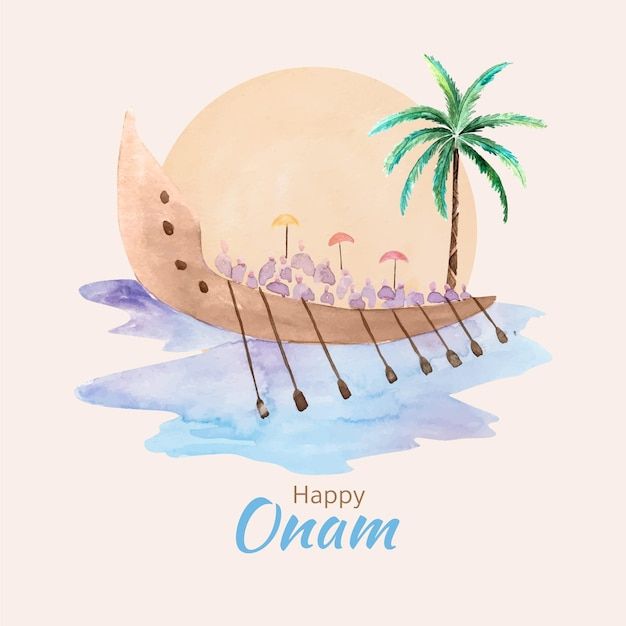 a watercolor drawing of an oanam boat with palm trees on the front