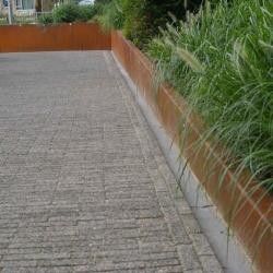 a brick walkway with tall grass on the side