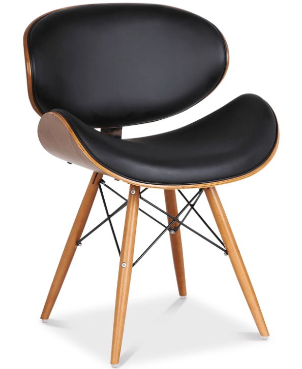 a grey chair with wooden legs and a black seat pad on the back of it