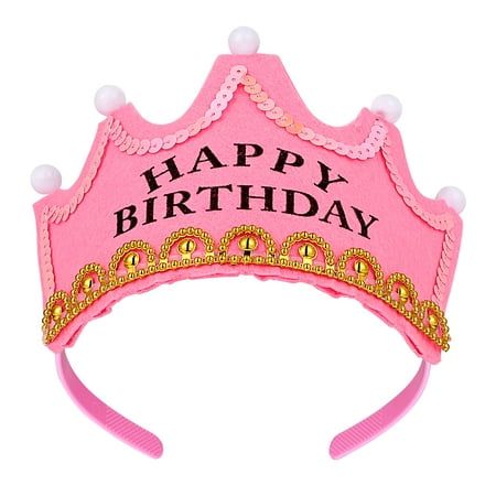 a pink birthday crown with the words happy birthday on it's front and side