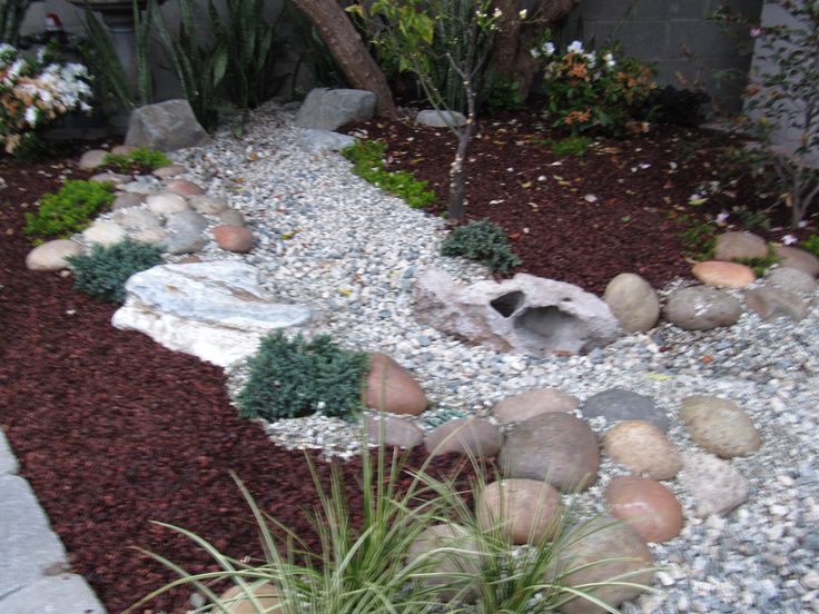 a garden with rocks and plants in it