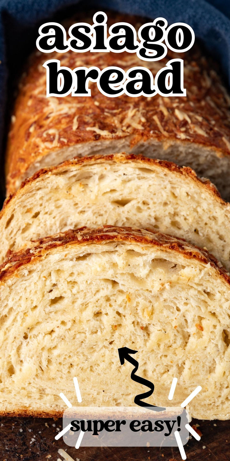 a loaf of bread cut into slices and labeled with the words asilago bread