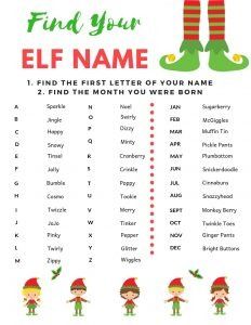 the elf name game is shown in red, green and white with an elf's legs