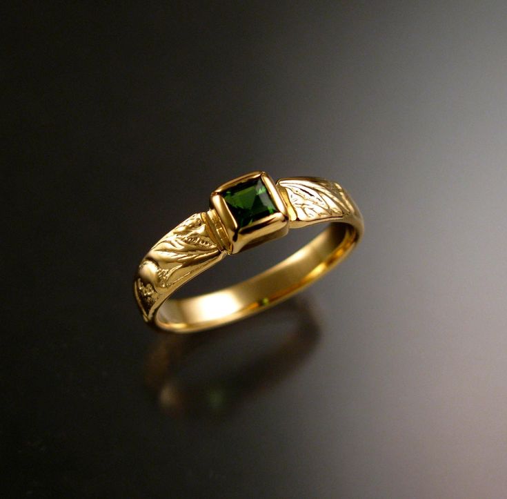 "This pretty wedding ring has a nice Victorian antique look. Set with a 4mm square natural Green Tourmaline. Set in 14k Yellow Gold The band is 4.5mm wide at the top and 1.25mm thick. Tapers down to 3mm wide at the bottom. Specify your ring size in a \"note to seller\" at check out." Vintage Mens Ring, Vintage Men’s Rings, Vintage Rings For Men, Vintage Gold Rings Antiques, Weird Wedding Rings, Antique Rings Gold, Thick Gold Rings, Unique Engagement Rings For Men, Pretty Wedding Ring