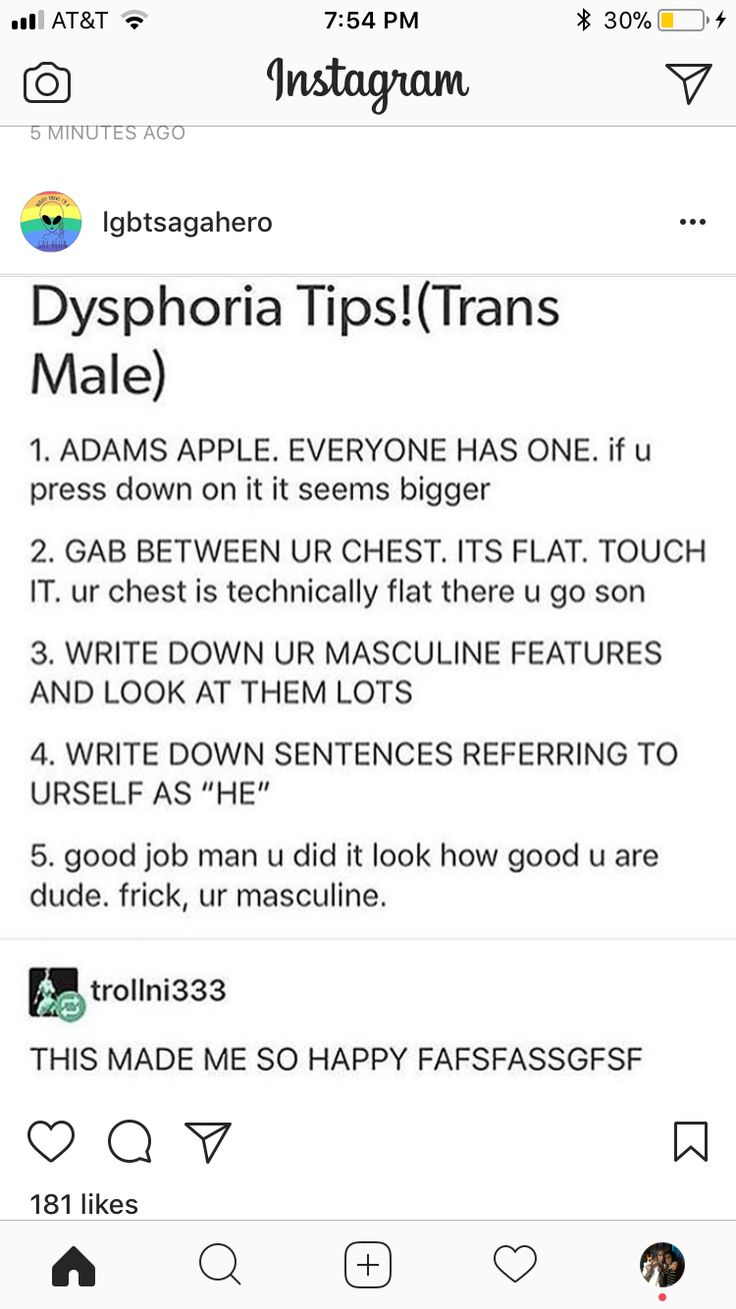 the instagram page for dysphora tips transs male on an iphone