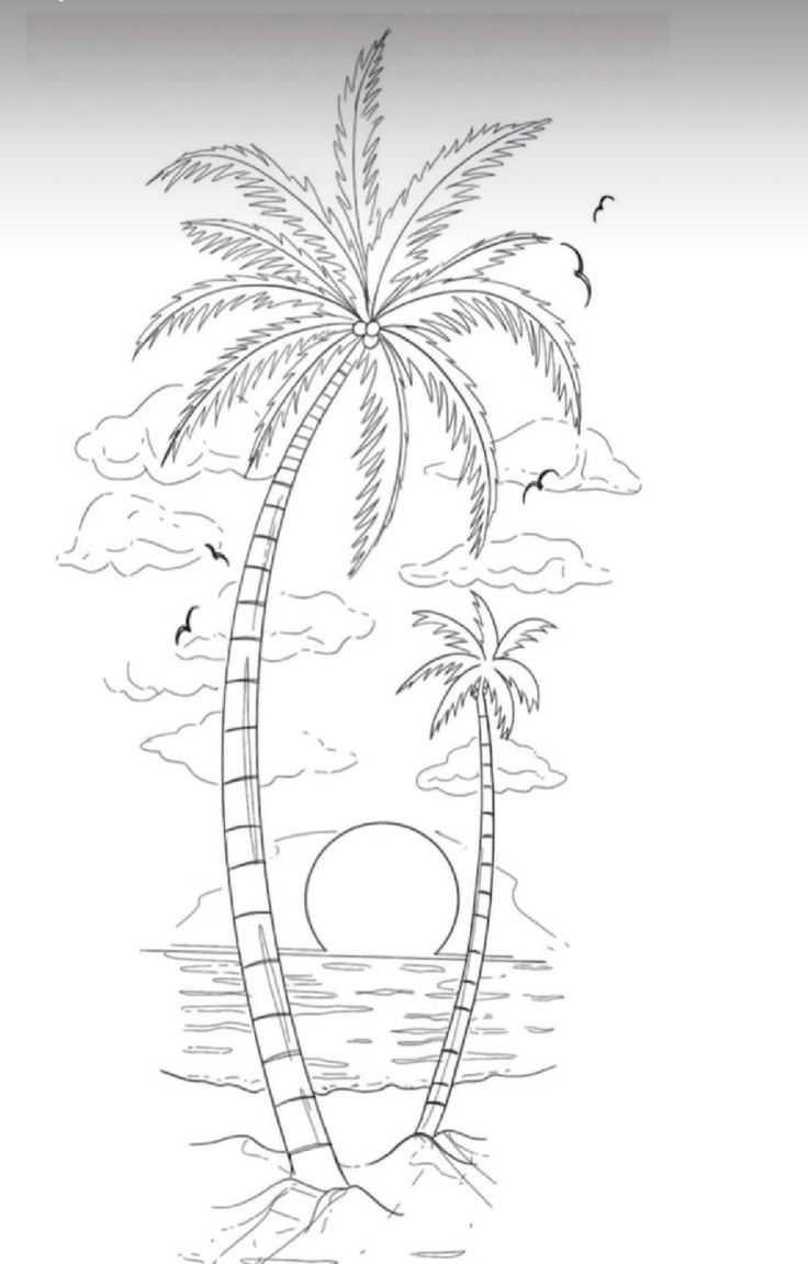 a drawing of a palm tree on the beach