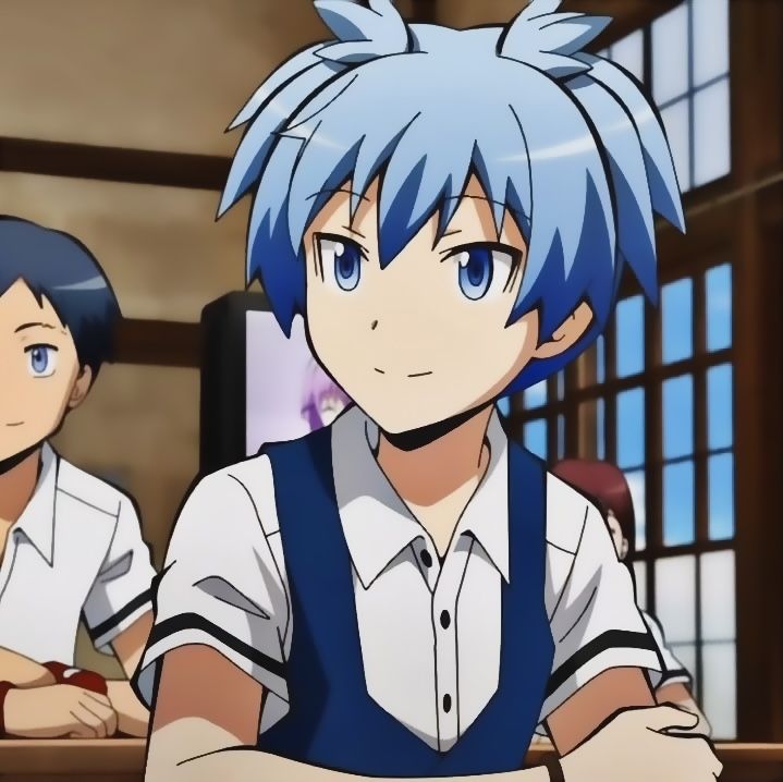 two anime characters sitting at a table with their arms crossed and looking off to the side