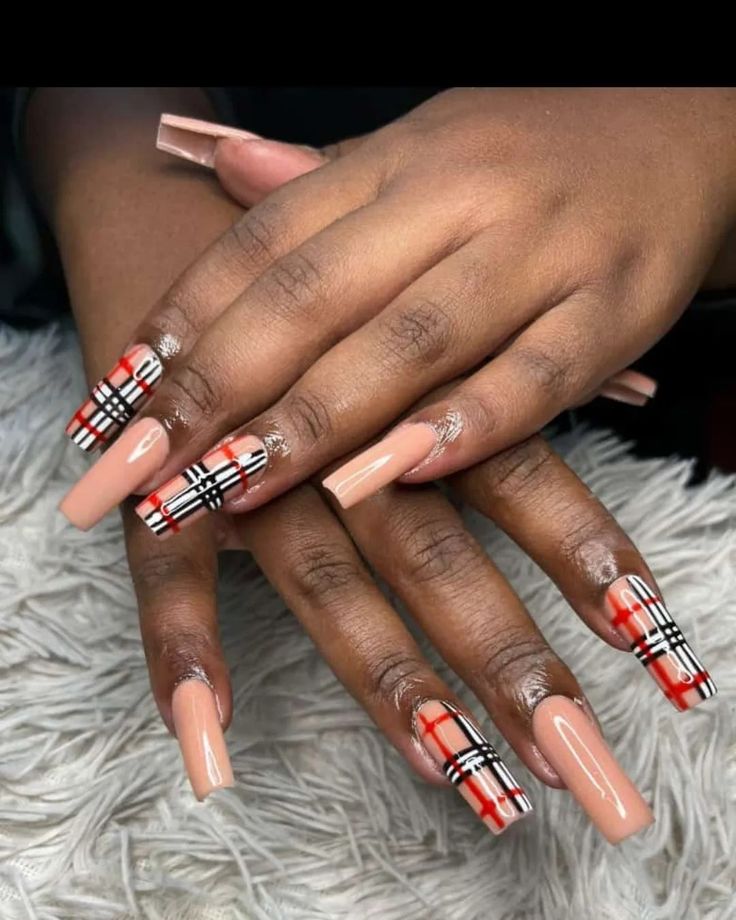 Grabbers Nails, Burberry Nails, Natural Acrylic, Natural Acrylic Nails, Fab Nails, Velvet Nails, Gel Nail Art Designs, Plaid Nails, Burgundy Nails