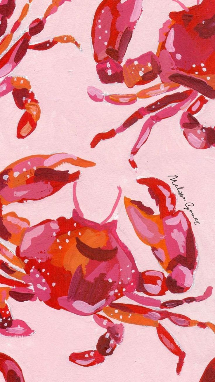 a painting of pink and red crabs on a white background