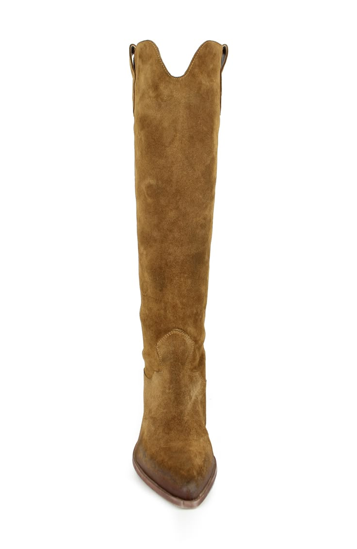 Add unmistakable Western flair to your look with this knee-high suede boot set on a block heel. 2 1/2" heel 15 1/2" shaft; 14 1/2" calf circumference Leather upper, lining and sole Made in Italy Suede Cowboy Boots, Modern Cowgirl, Brown Knee High Boots, Suede Boots Knee High, Frye Boots, Glass Slipper, Boots Knee, Shoe Obsession, Shoe Game