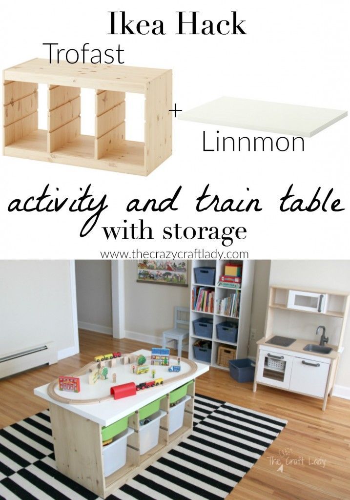 two pictures with the words ikea hack and linmon activity and train table with storage