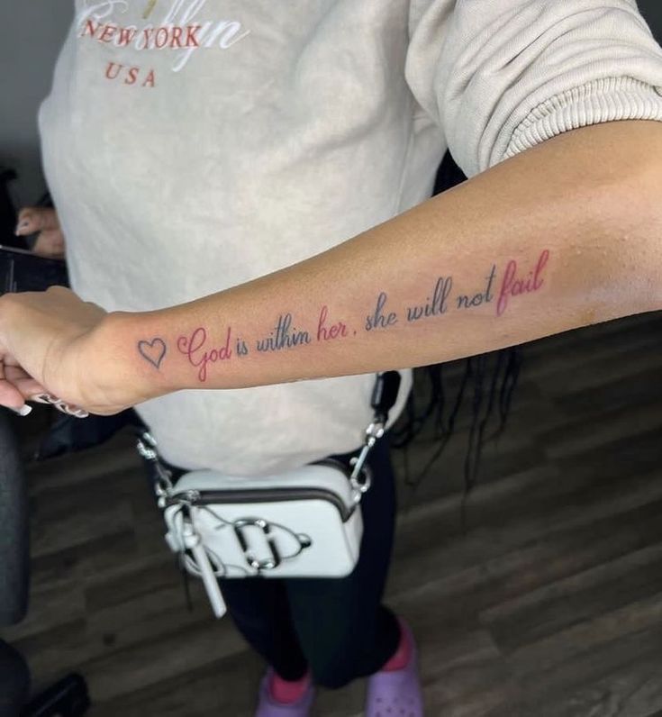 Quotes On Forearm Tattoo, Cute Tattoos For Black Women On Arm, Four Arm Tattoos For Women Quotes, Small Arm Tattoos For Black Women, Small Tattoos Black Women Arm, Tattoo Inspo Forearm, Word Tattoos On Arm For Women, Back Side Of Arm Tattoo Women, Word Tats For Women