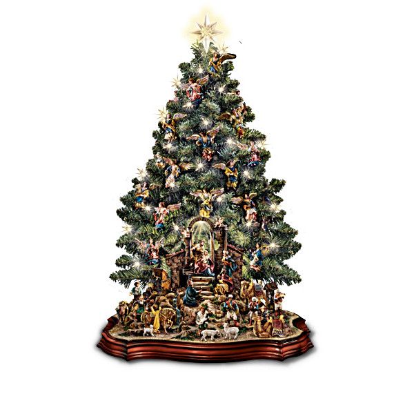 a christmas tree with people around it on a stand and an ornament in the center