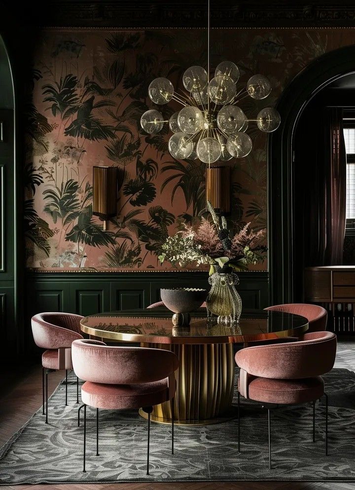 an elegant dining room with pink chairs and a round table surrounded by wallpapered walls