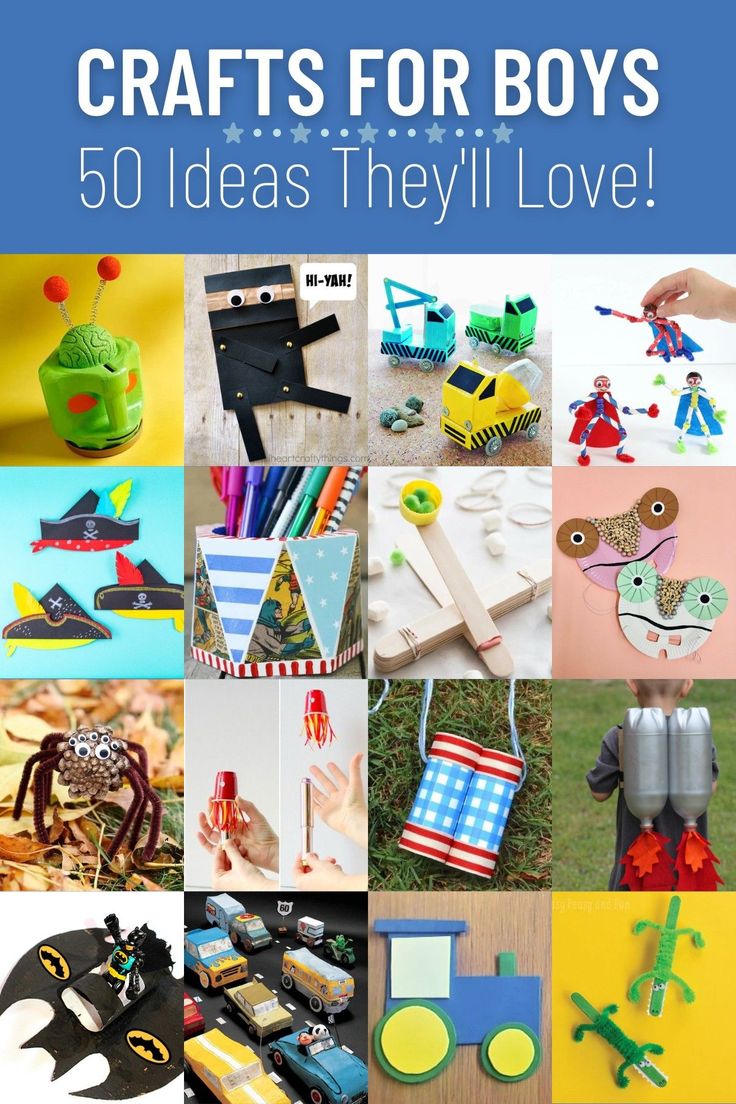 the cover of crafts for boys 50 ideas they'll love, with images of toys and