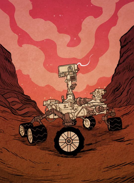 an illustration of a space station in the middle of desert with red sky and clouds