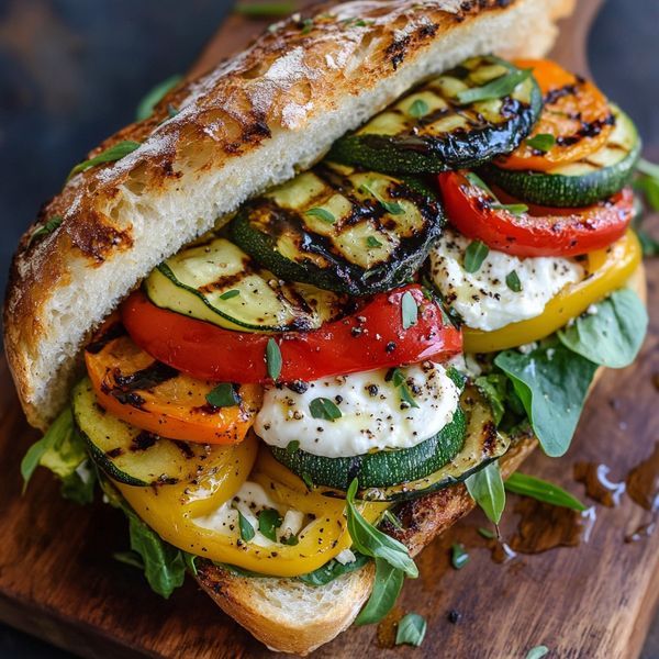 a sandwich with grilled vegetables on a wooden cutting board