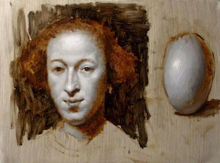 an oil painting of a woman's face next to a half - eaten egg